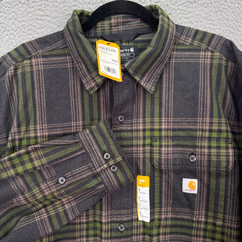 Carhartt Shirt Men L Geren Gray Plaid Loose Fit Heavyweight Flannel Work Outdoor